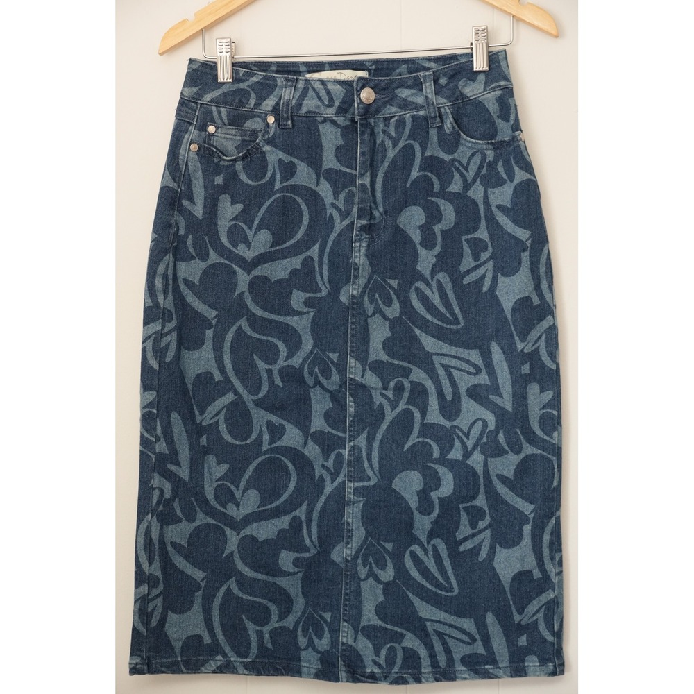 Cato Est. 1946 Denim Midi Skirt Women Size 2 Blue Heart Swirl Print Pencil Skirt